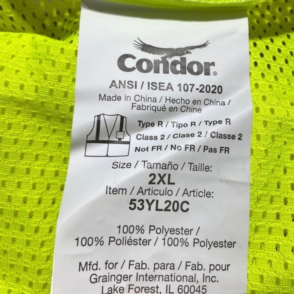 Condor ANSI Type R Class 2 High Visibility Zipper Vest Size 2XL Yellow - Picture 7 of 9